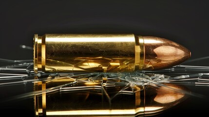 Obraz premium A golden bullet on a shattered surface conveys a sense of danger and heightened tension.