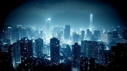 Fototapeta premium Cityscape At Night With Towering Buildings Illuminated Against Dark Sky With Foggy Backdrop.