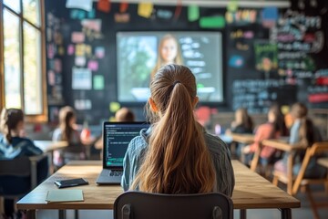 Schoolgirl learning programming language using laptop during computer science class at school