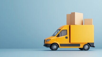 Bright Yellow Delivery Van with Boxes on Light Blue Background for Transport and Logistics Concept