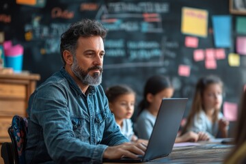 Bearded professor concentrating on his laptop with students learning in the background in a modern classroom