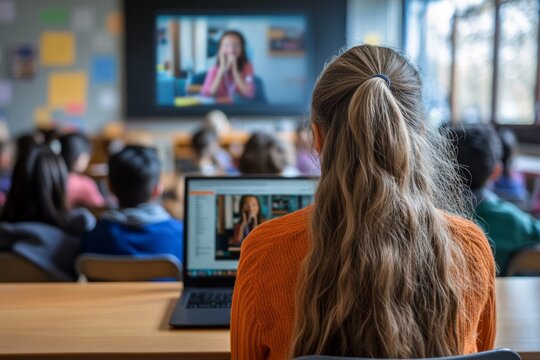 Elementary school pupils following an online class using laptops and a projector screen