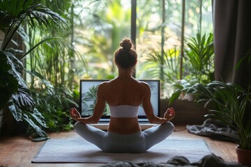 Young woman practicing yoga at home using her laptop, meditating in lotus position