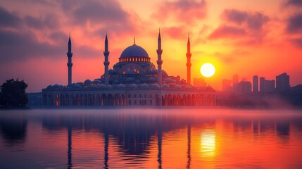 Fototapeta premium Sunrise Mosque Lake Cityscape Reflection