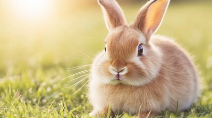 Obraz premium Close Up Of A Cute Brown Bunny Rabbit Sitting In Green Grass Outdoors On A Sunny Day.