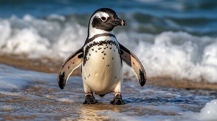 Obraz premium Penguin standing on shore as waves crash in a bright, sunny scene. Stock photo
