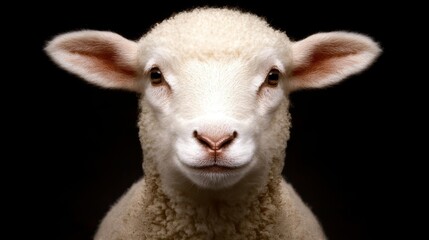 Obraz premium Close Up Of A Lamb Portrait Against Dark Background With A Straight Looking Pose.