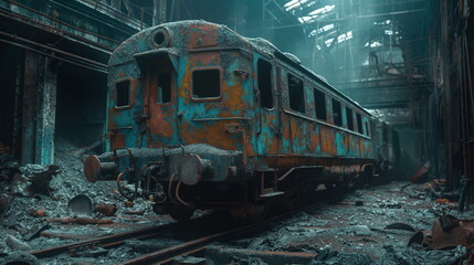 Obraz premium An abandoned freight train stands deep in a mine i_003