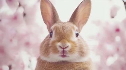 Close Up Rabbit With Large Ears Amid Pink Blossoms Portrait Cute Animal Spring Nature.