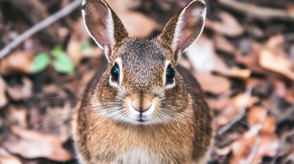 Fototapeta premium Close Up View of Brown Rabbit Standing Amidst Fallen Leaves and Green Vegetation Outdoors.