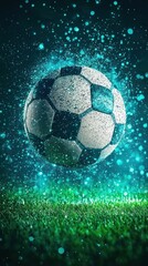 Fototapeta premium Soccer ball in the air, night, glowing field. Possible use sports background