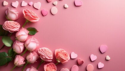 Fototapeta premium romantic flat lay on pink background with space for customization