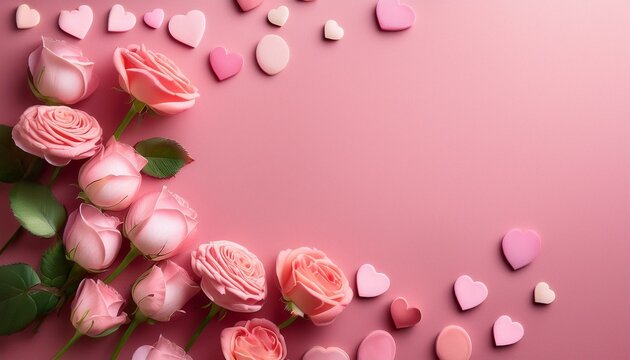 romantic flat lay on pink background with space for customization