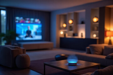 Modern living room interior with fireplace and TV, featuring luxury furniture and sleek design