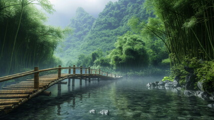 An ancient bamboo bridge spans a small mountain st_004
