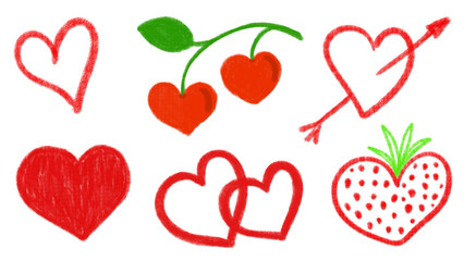 Simple hand drawn set of red hearts symbols, with arrow, strawberry, cherry on branch, valentine's day design element to express feelings and emotions