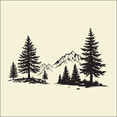 Naklejka premium Pine Tree Silhouette, Mountain Nature Icon