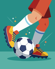 Kid foot kicking soccer ball closed up shot, Dynamic Soccer Kick Illustration &ndash; Player Foot and Ball Close-Up Art.
