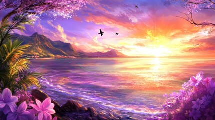 Coastal Sunset Scene With Mountains Palm Trees and Birds at Dusk in Artistic Painting.