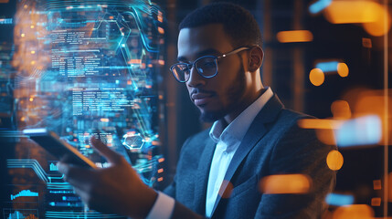 young professional using a mobile device with futuristic holographic financial data and digital interface displaying analytics charts and coding for modern technology and business innovation