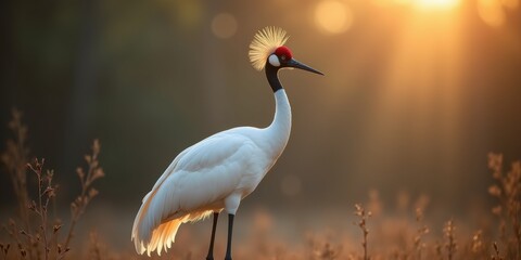 Fototapeta premium A majestic crane stands elegantly in the warm glow of sunset, showcasing its striking features in a serene natural setting.