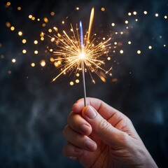 Hand Holding a Sparkler Against a Blurred Blue Smoky Background with Bokeh Lights.