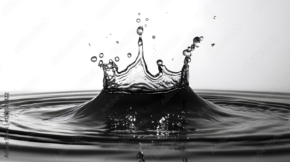 Poster dramatic water crown splash with rippling liquid dynamics and transparent bubbles on a clean pure su