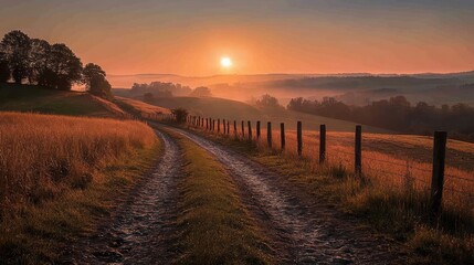 Fototapeta premium Sunset Country Road, Misty Hills, Autumn