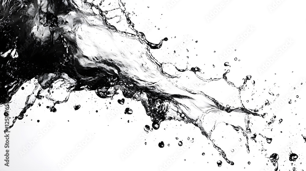 Poster dramatic water splash captured in a high speed monochrome photograph showcasing the fluid dynamics a