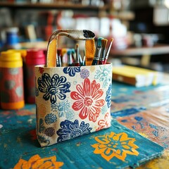 Fototapeta premium Colorful Floral Bag with Art Supplies on Table