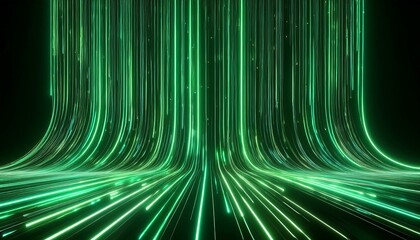3d render abstract wallpaper green neon lines over black background streaming energy particles falling down and leaving glowing tracks