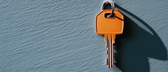 A close-up image of a single golden key hanging against a textured blue wall, casting a soft shadow.