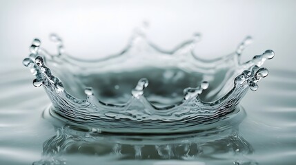Dramatic water splash forming a crown like shape with circular rippling waves on a clean reflective surface  The image showcases the fluid dynamics and transparency of water in a style