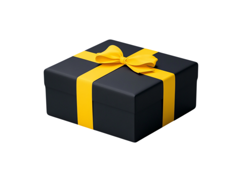 Black gift box with yellow ribbon and bow. Isometric