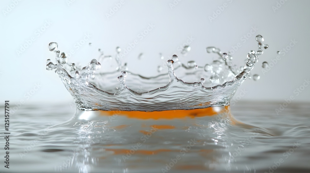 Poster Dramatic water splash with a vibrant orange hue creating a mesmerizing abstract pattern on the transparent liquid surface