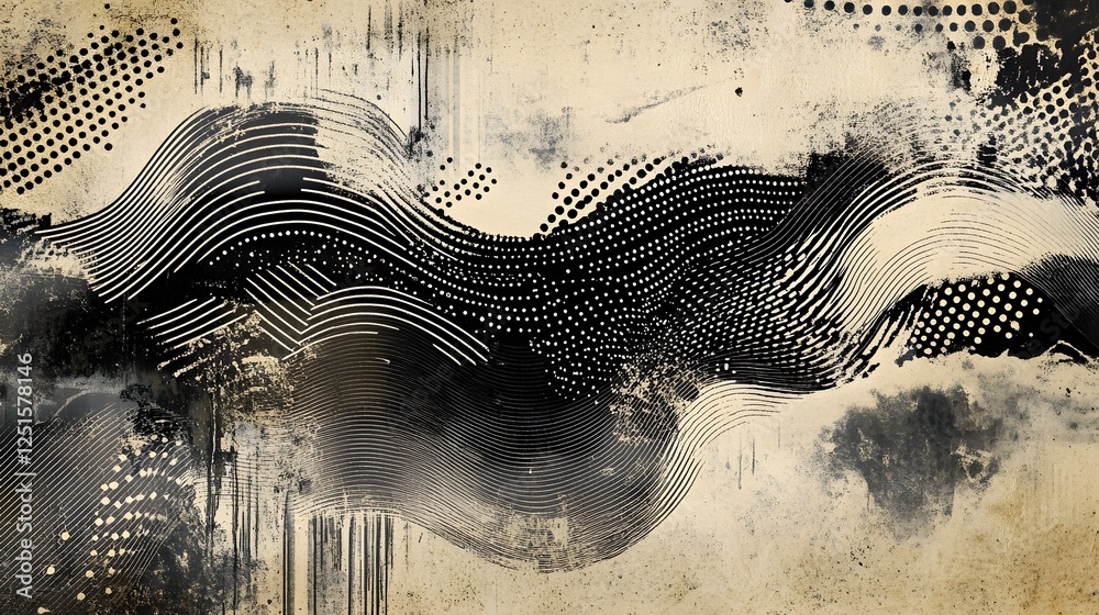 Aufkleber Dynamic Abstract Fluid Curved Shapes and Patterns in Monochrome Gradient