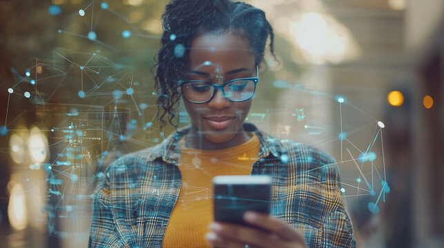 young professional woman using smartphone with futuristic digital network connections and data analytics overlay in urban environment showcasing technology innovation and connectivity trends