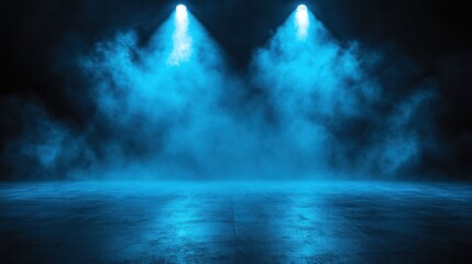 Fototapeta premium Blue studio lights illuminate smoky floor background