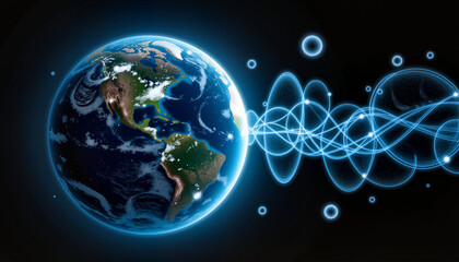 Obraz premium Futuristic glowing Earth with energy waves and neutrino particles, representing quantum physics