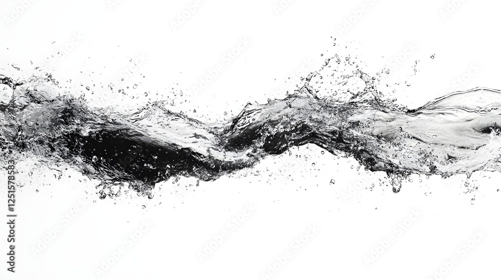 Poster Dynamic black and white image of powerful water splash or wave crashing against a clean minimalist background  The motion and energy of the flowing liquid creates an visual with a sense of movement