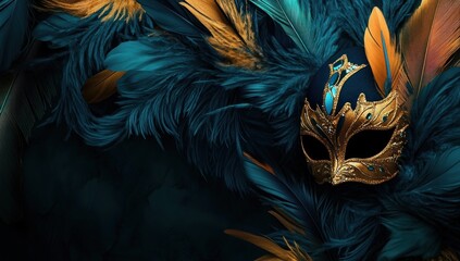 Venetian Mask in Teal and Gold Feathers