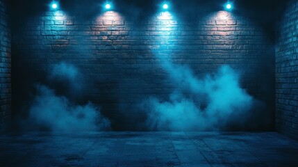 Fototapeta premium Blue-lit Brick Wall Room, Foggy Floor, Spotlight Background