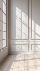 Fototapeta premium Interior design with natural light streaming through window onto classic wall paneling