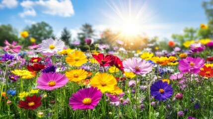 Obraz premium Colorful Cosmos Flowers Field Under Bright Sunlight In A Clear Blue Sky Summer Day Bloom.