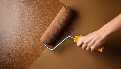 close up of painter arm painting a wall in brown with paint roller