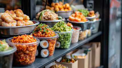 Obraz premium Delicious variety of street food dishes including sushi