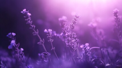 Obraz premium Ethereal lavender field bathed in soft purple light, a dreamlike botanical landscape