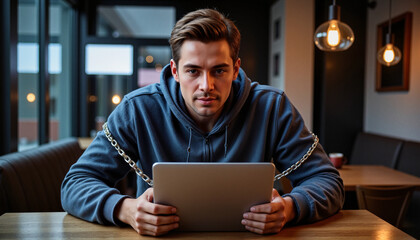 Young professional man in hoodie at café feeling overwhelmed by digital work overload