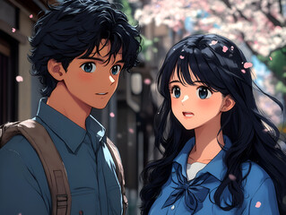 Cute couple in school uniforms holding hands under cherry blossoms