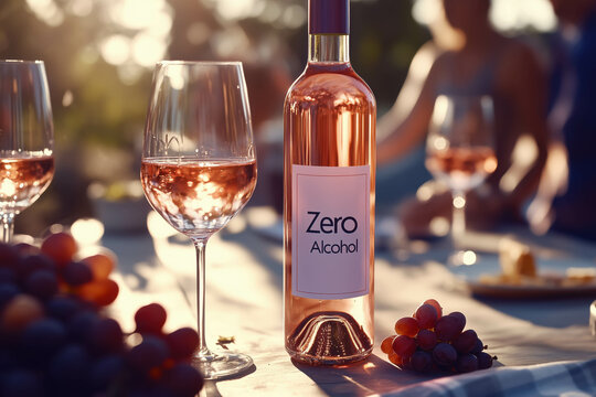 Friends savoring zero alcohol rose wine outdoors on a summer evening.